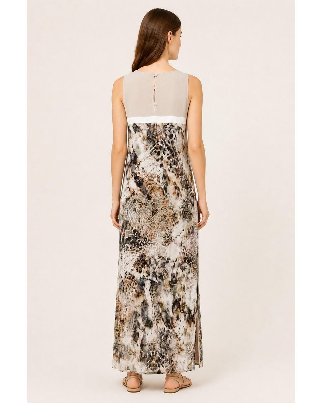 Conquista Natural Pleated Print Maxi Dress