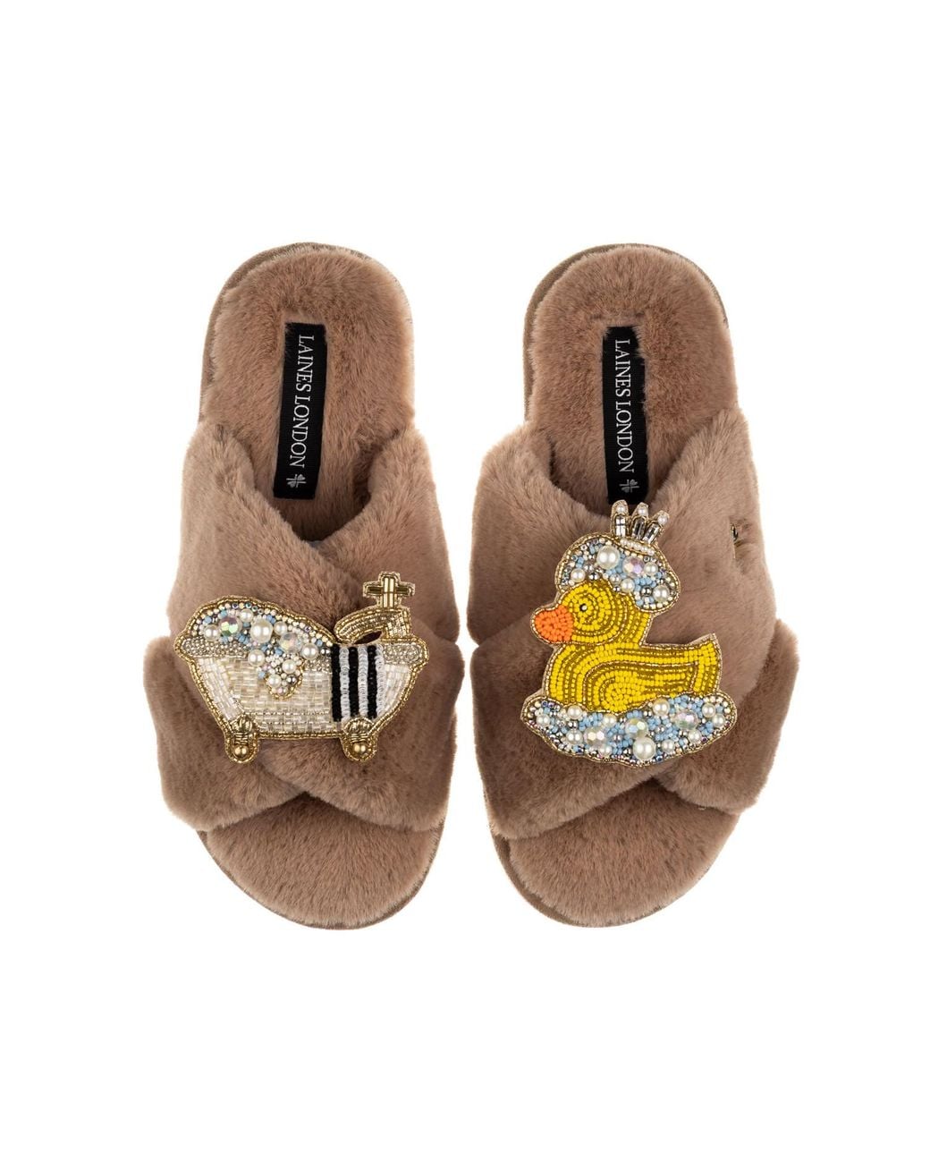 Laines London Brown Neutrals Classic Laines Slippers With Rubber Duck Bath Queen Brooches