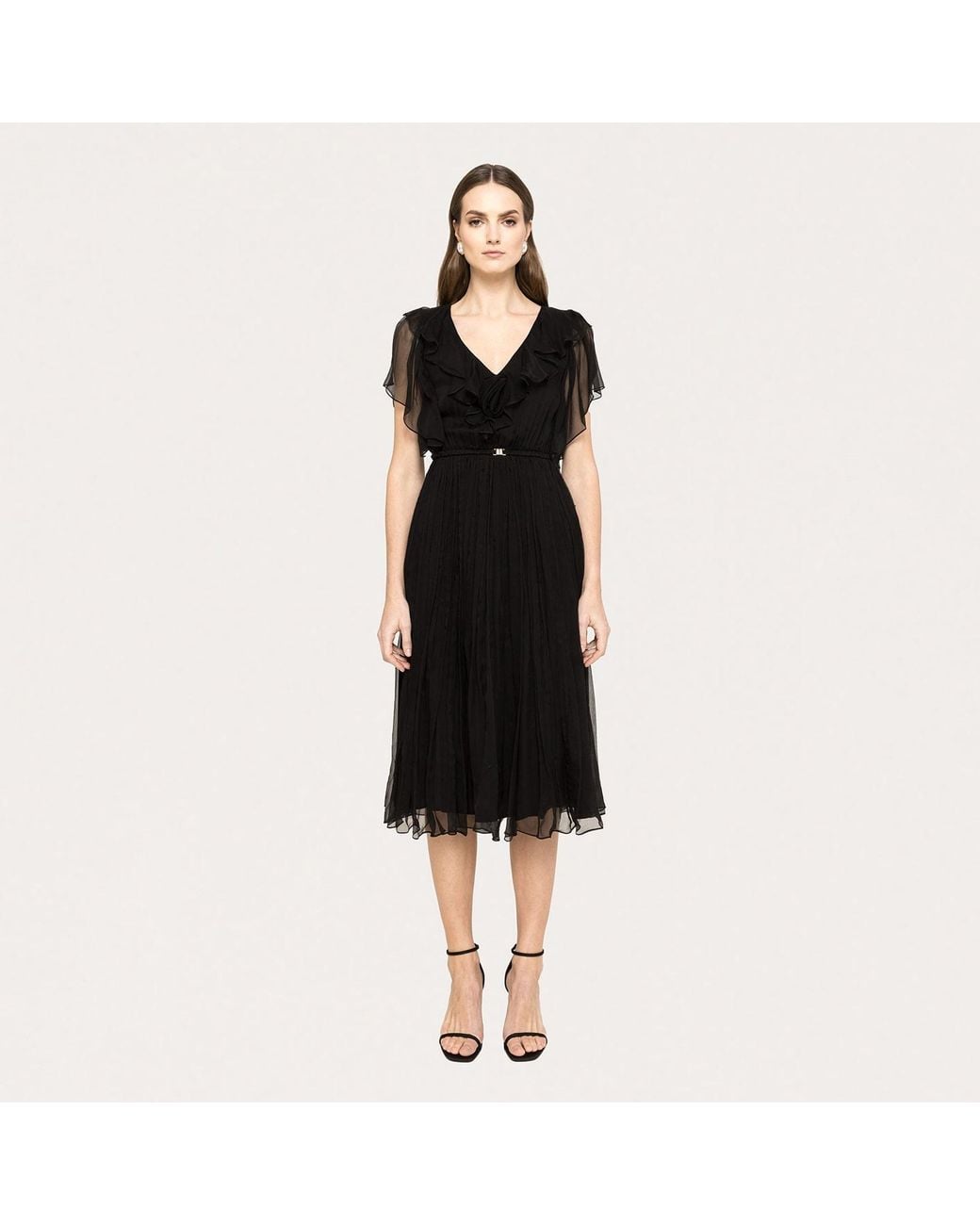 Nissa Black Floral-Appliqué Silk Midi Dress