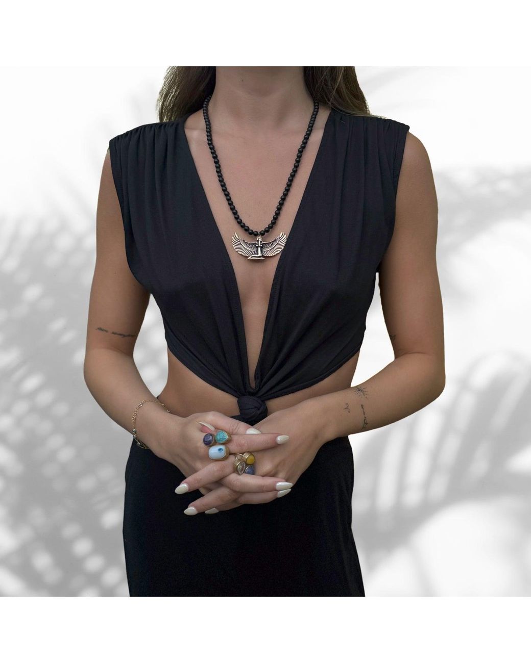 Ebru Jewelry Metallic Magical Goddess Isis Pendant Onyx Stone Beaded Necklace