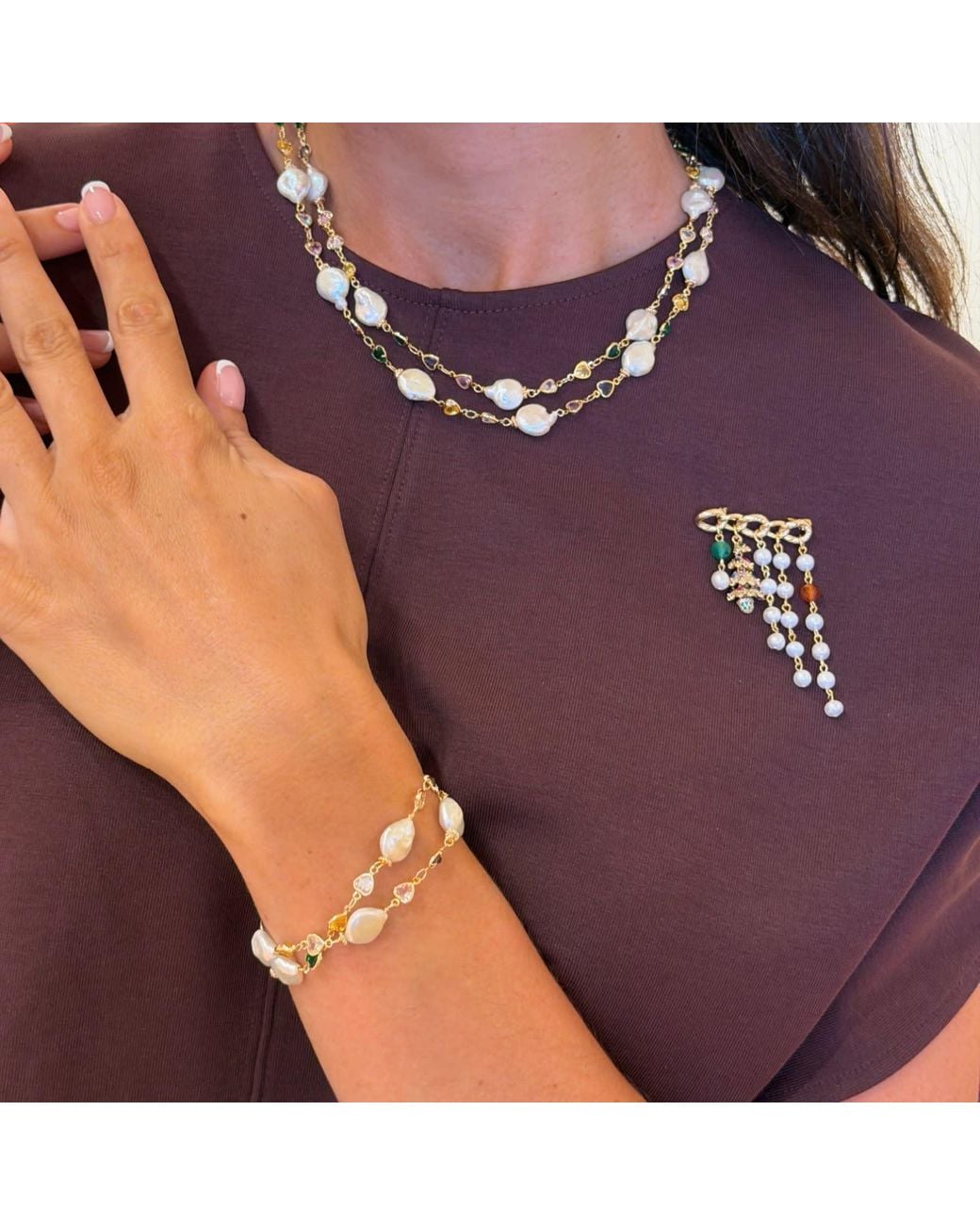 Farra Metallic Colorful Zircon With Irregular Flat Baroque Pearls Double Layers Bracelet