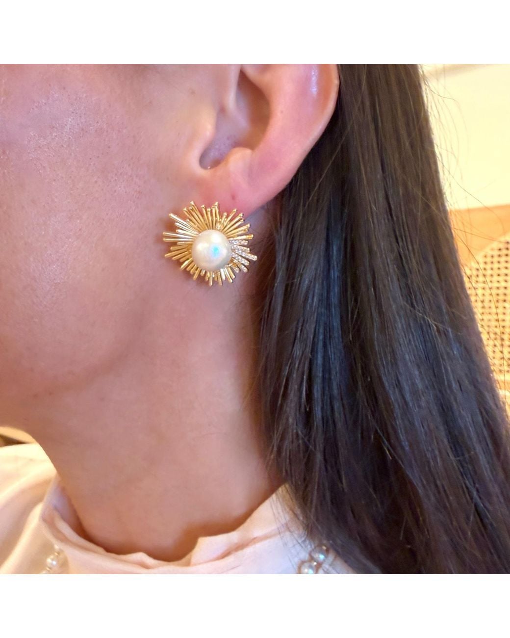Farra Metallic Tone Freshwater Pearl Sunburst Statement Stud Earrings