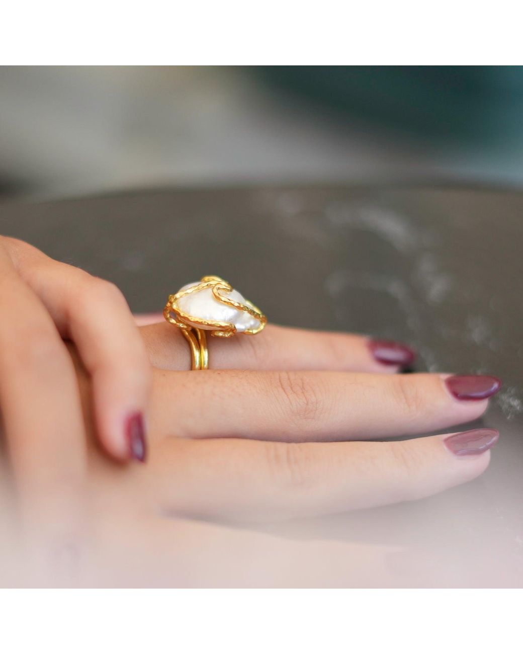 Ebru Jewelry Metallic Baroque Pearl Design Isis Chunky Ring