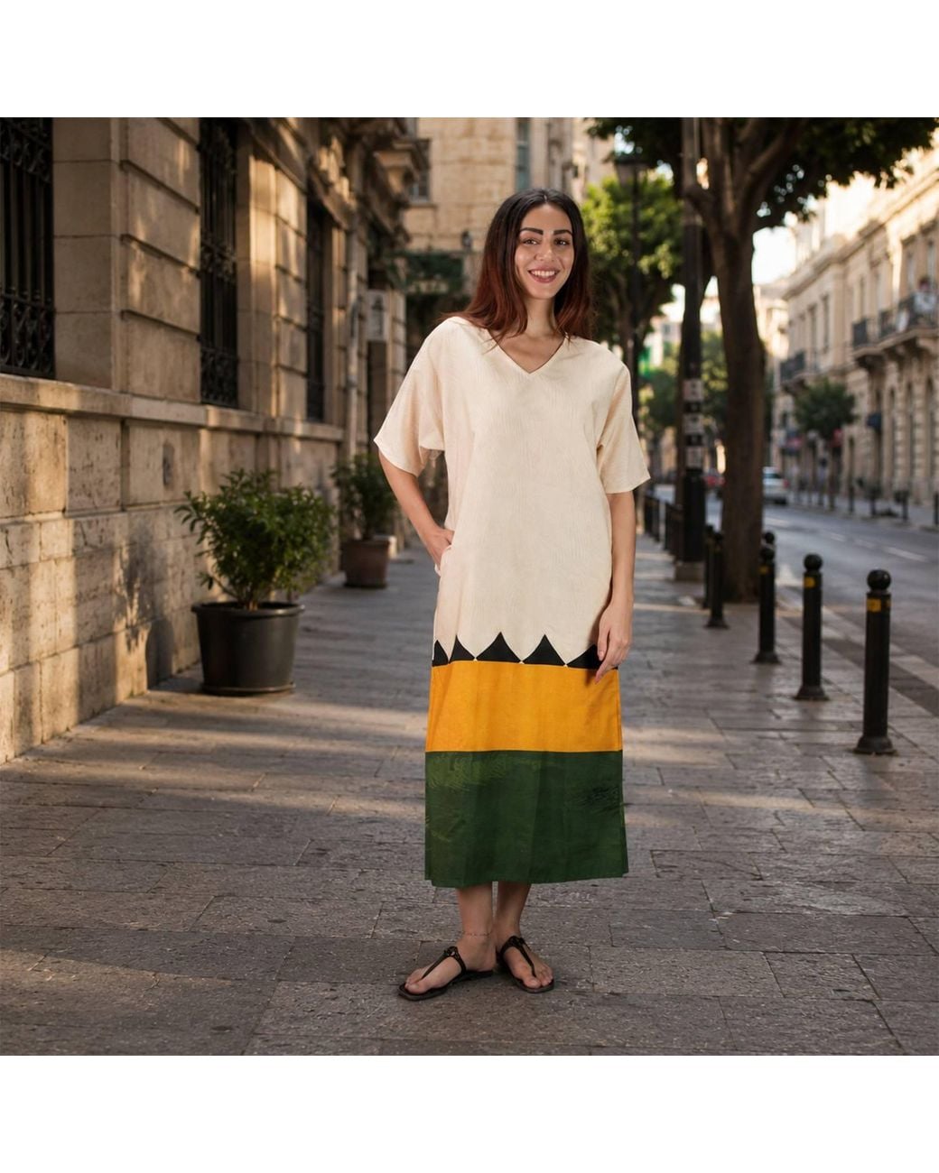 DHARA SHETH DUBAI Yellow Beyond The Horizon Long Cotton Kaftan Dress With Pockets