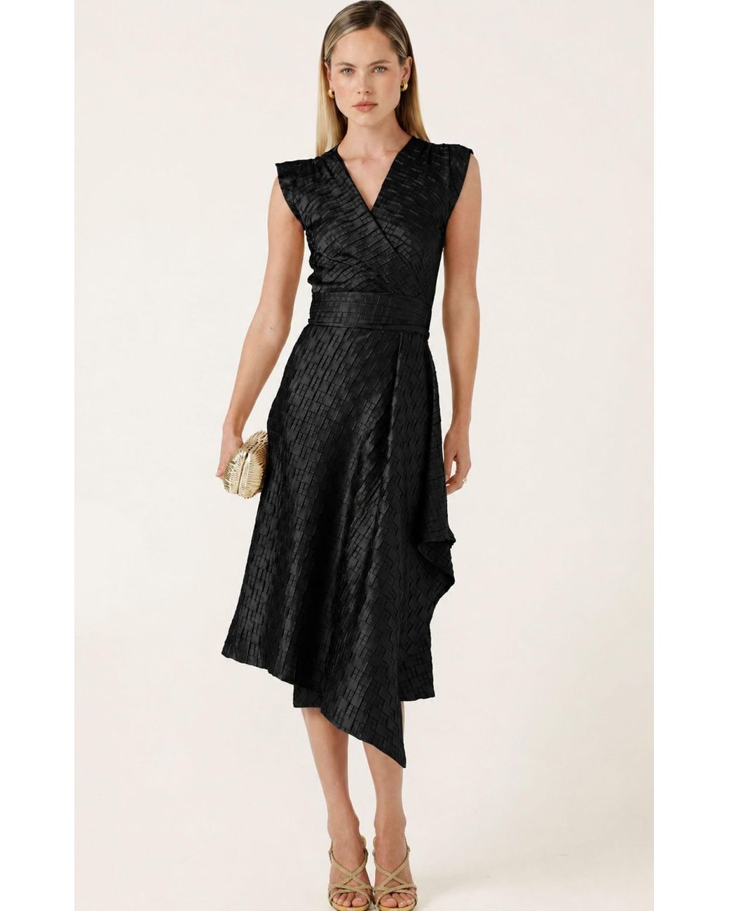 SACHA DRAKE Black Crown Textured Satin Midi Wrap Dress