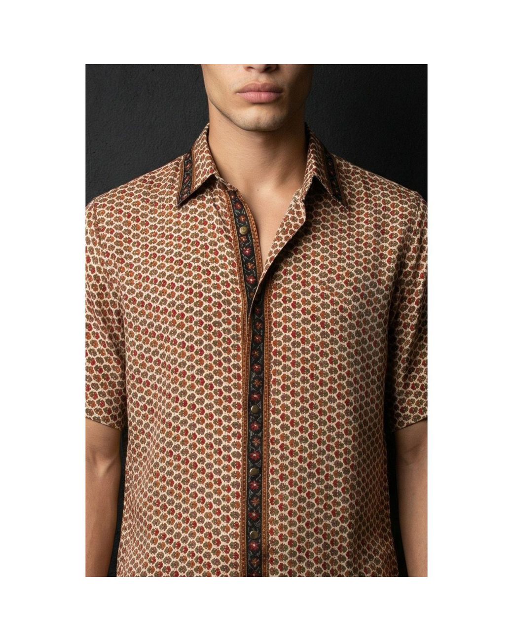Monzlapur New York Brown Embossed Botanic Short Sleeve Crepe Shirt for men