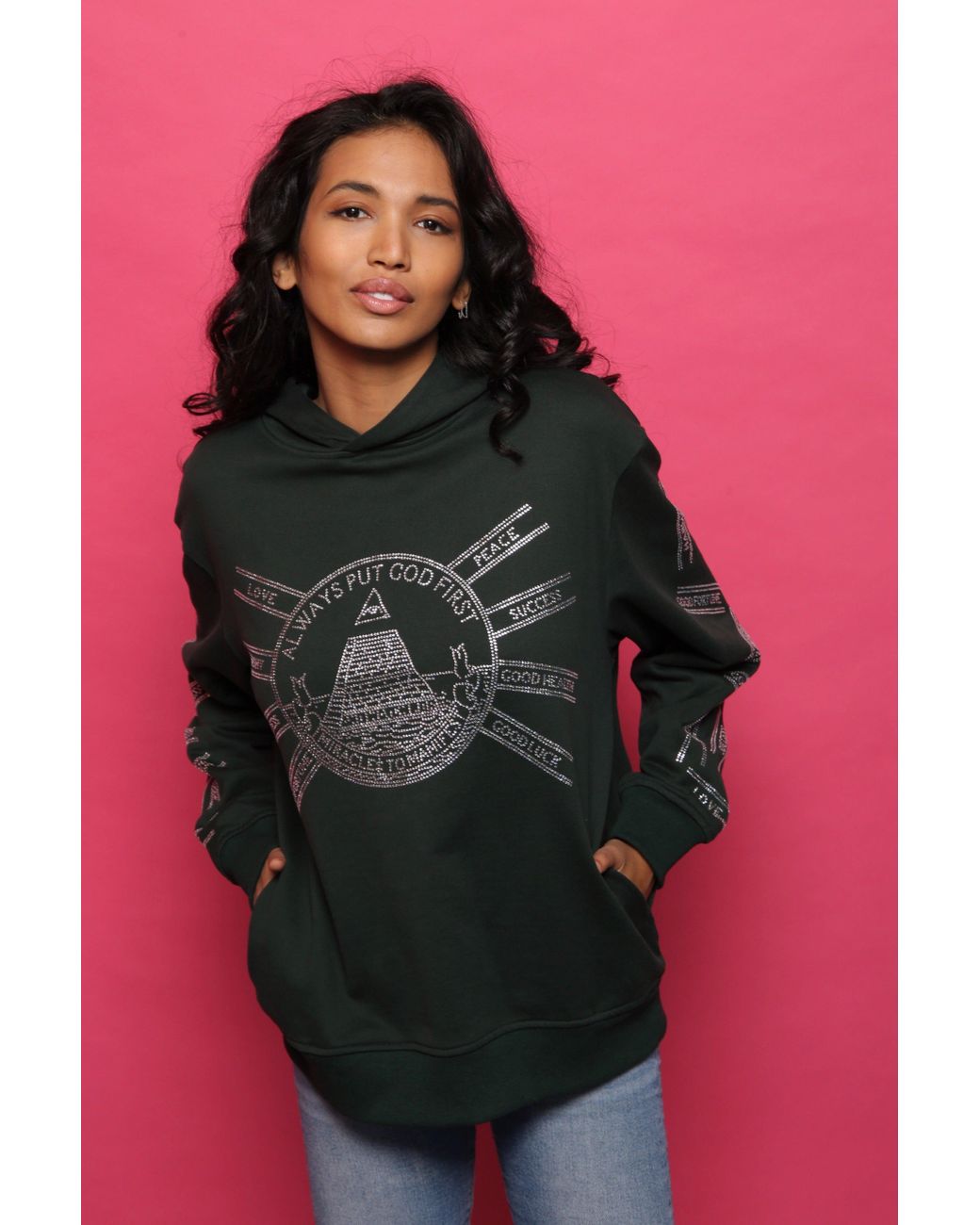 Miracles Manifester Green God First Affirmation Hoodie With Rhinestone Design