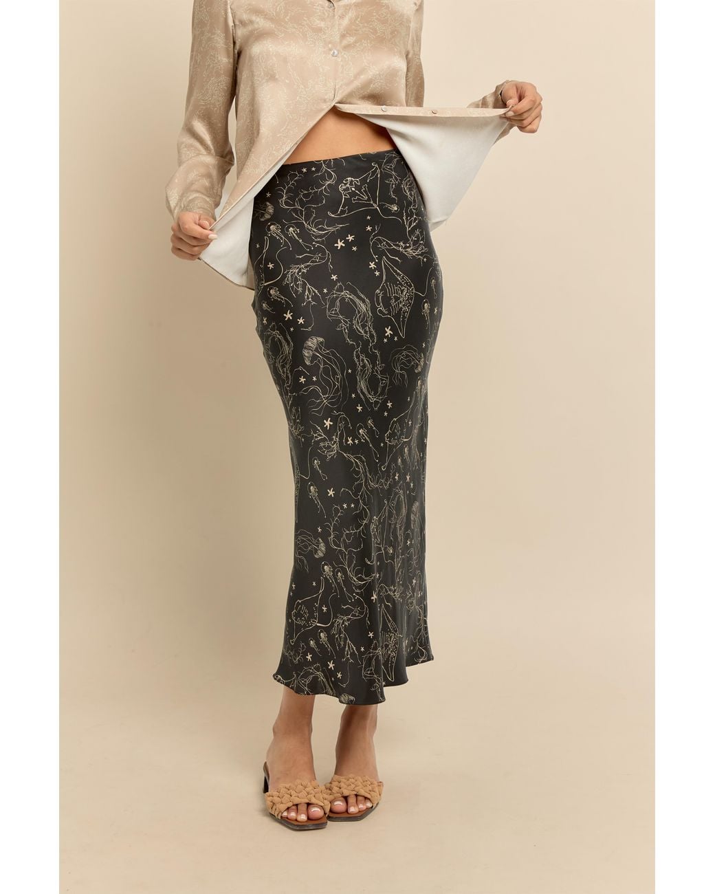 Lily Rou Black Ray Silk Midi Slip Skirt