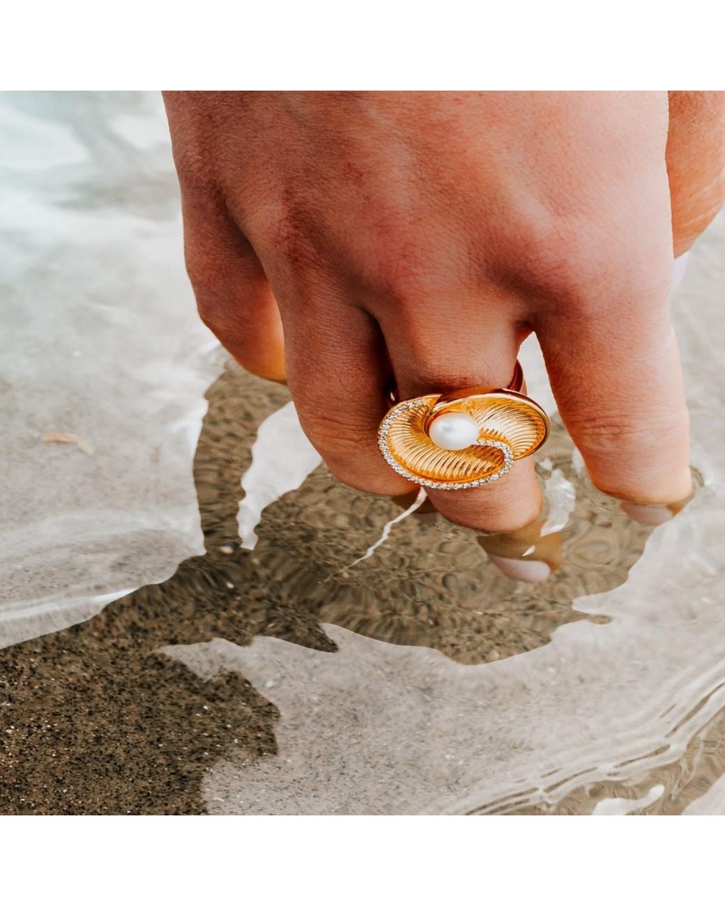 Augustine Jewels Metallic Baroque Pearl And Diamond Shell Ring