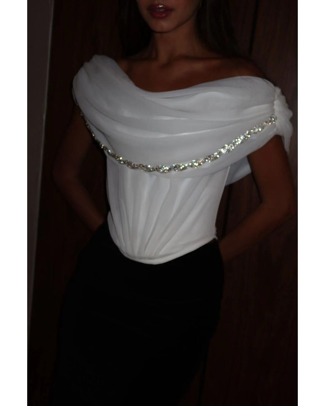 POST MERIDIEM White Draped Cowl-Neck Top With Front Panel Draping