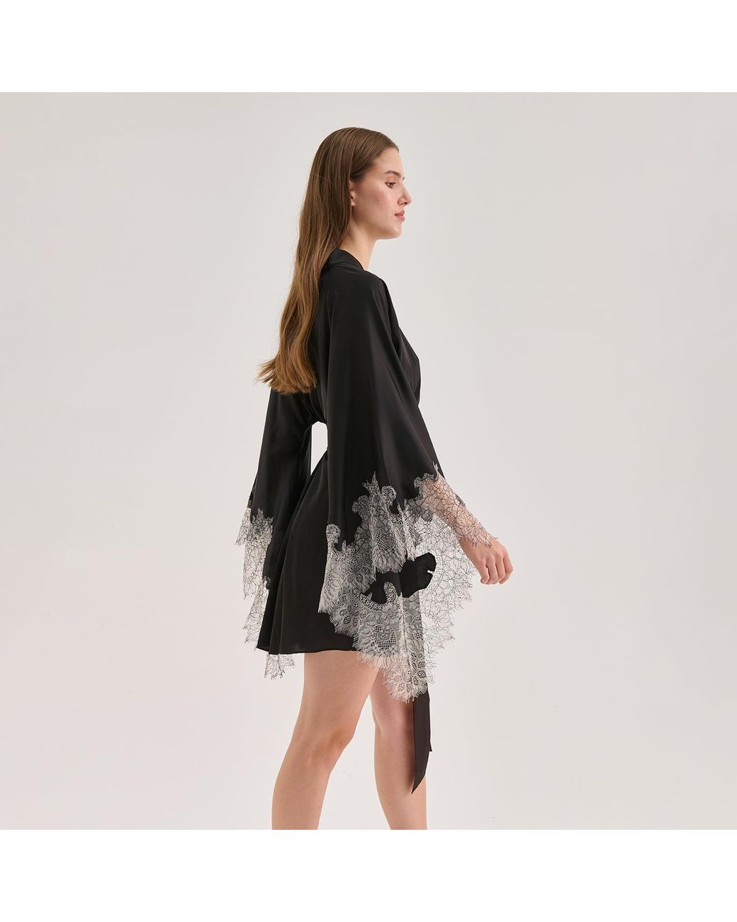 Avenue 8 Black Lace Mini Silk Robe
