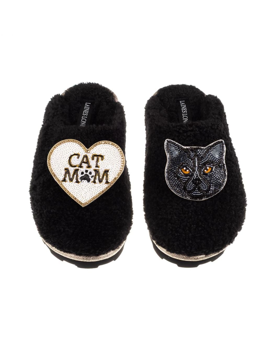 Laines London Black Teddy Closed Toe Slippers With Cat Mum/Mom & British Shorthair Brooches