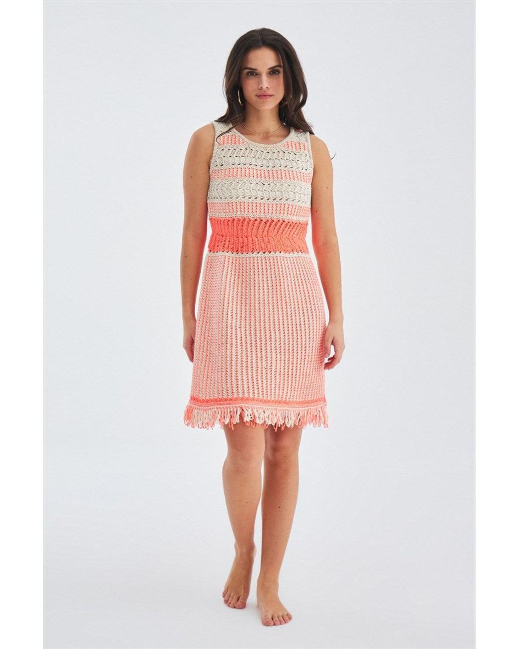Peraluna Pink Kiyo Sleeveless Above-Knee Tasseled Open Work Summer Knit Dress