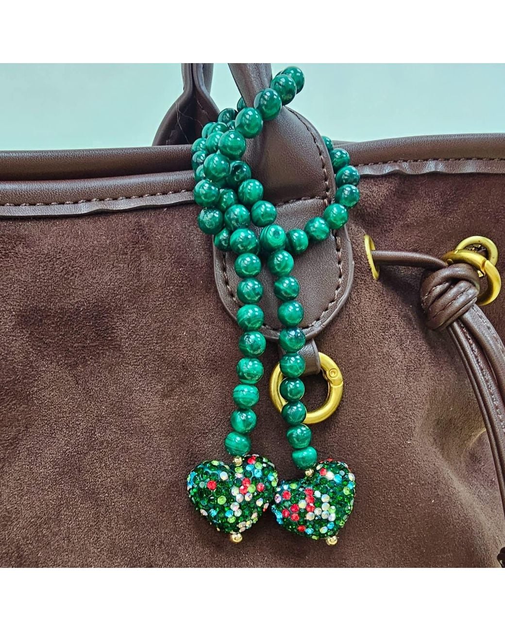 Farra Green Malachite With Rhinestone Heart Open-Ended Versatile Bag Charm