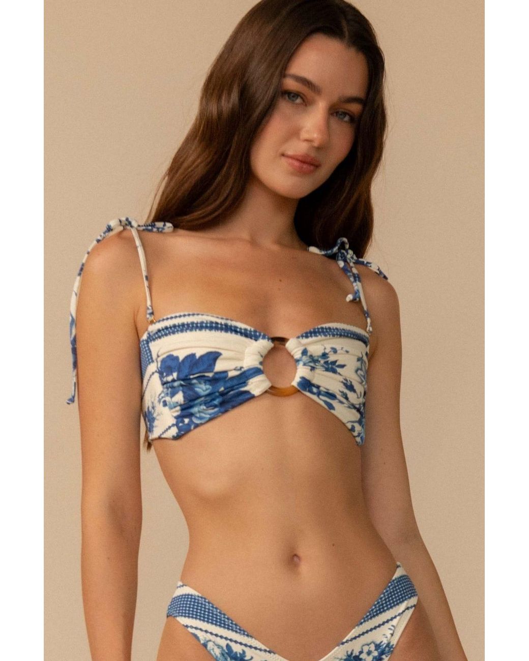 Montce Blue Toile Stripe Tori Ties Bandeau Bikini Top