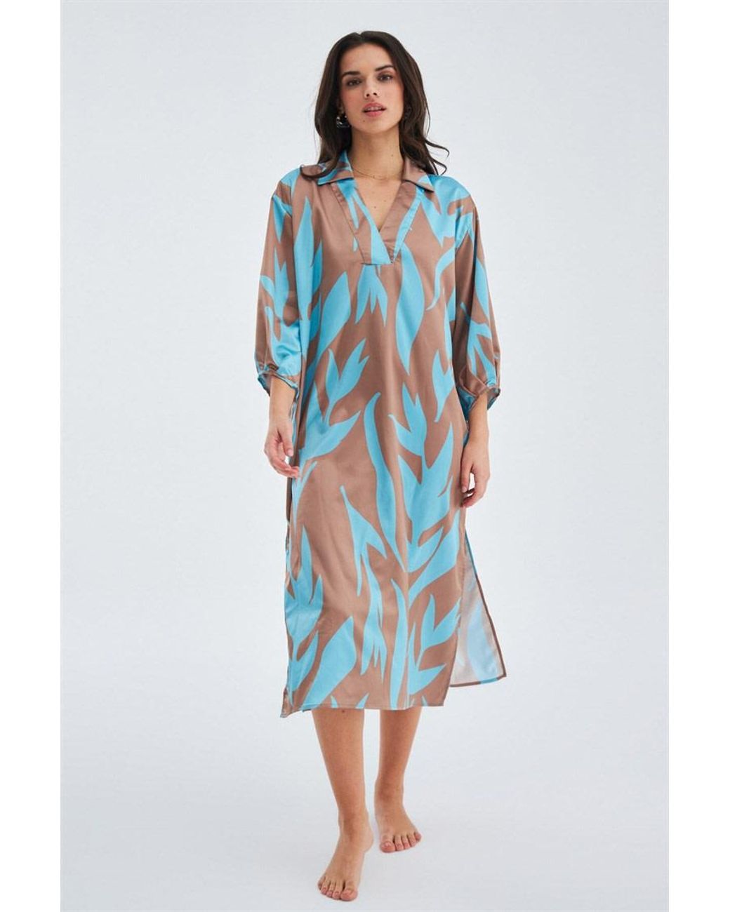 Peraluna Blue Kalinda Loose Fit Seasonal Satin Below-Knee Dress