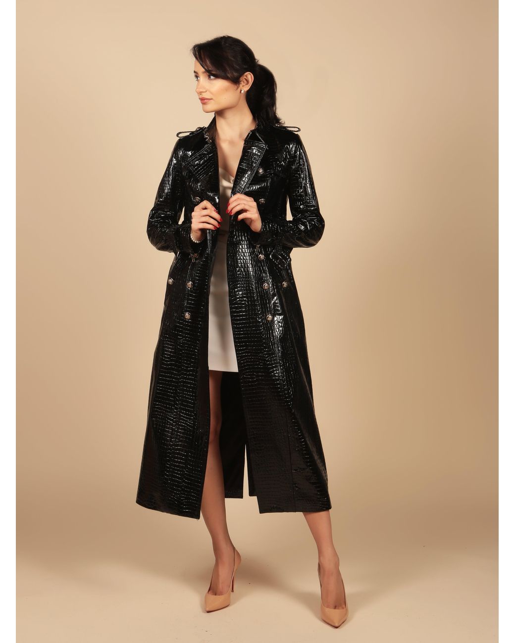 Santinni Black Indiscreet Embossed Leather Trench Coat