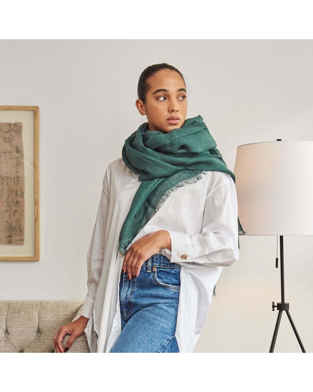 Variously Green Moss Dark Soft Linen Silk Handwoven Artisanal Scarf