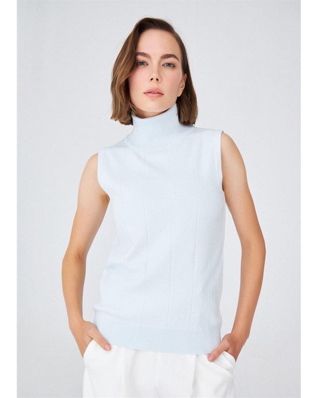 Peraluna Blue Slim Fit Sleeveless Turtle-Neck Blouse