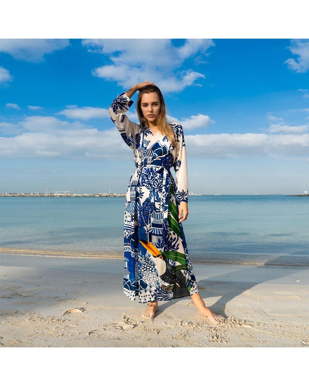 DHARA SHETH DUBAI Blue Harmony Bird Print Long Kimono