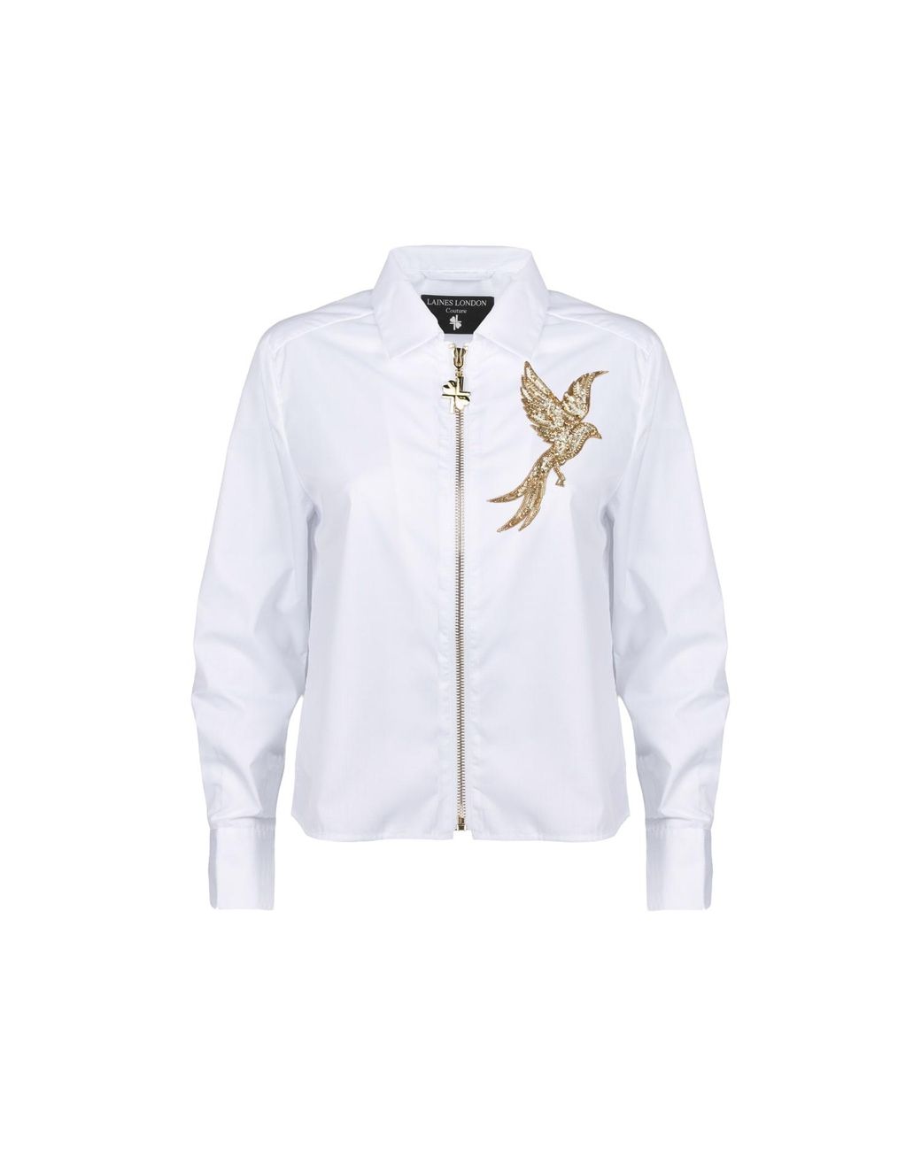 House of Laines London Blue Laines Couture Zip Shirt With Bird Of Paradise Embellishment