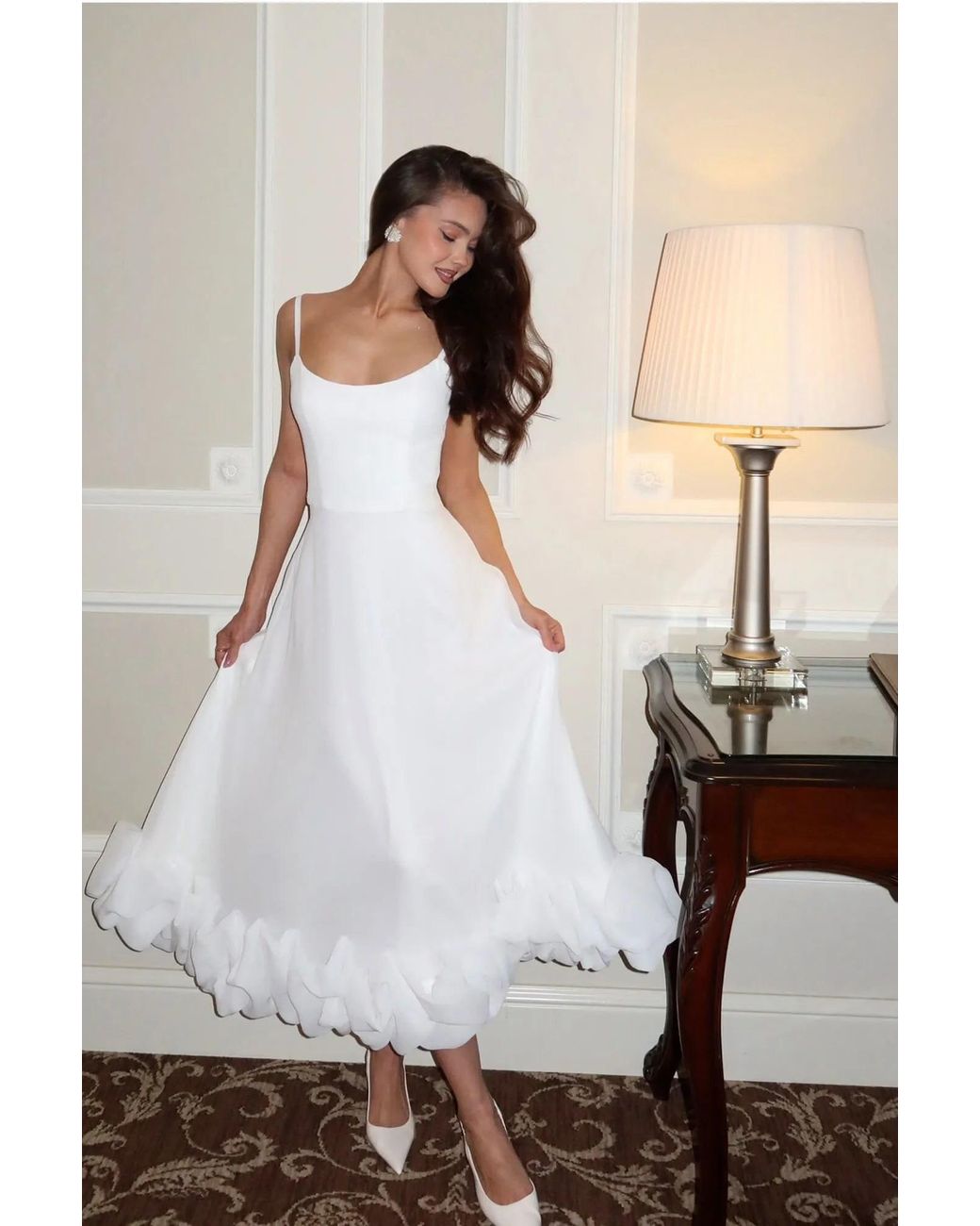 POST MERIDIEM White Milk Flounce Bustier Midi Dress