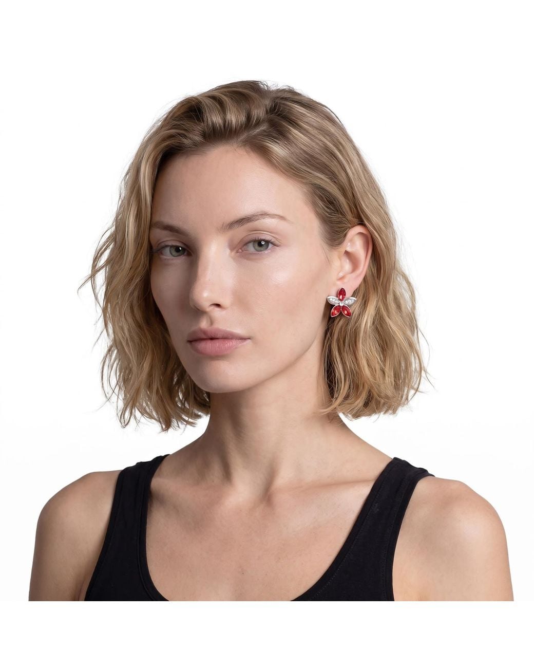 Modenaire Red Elegant Crystal Flower Stud Earrings