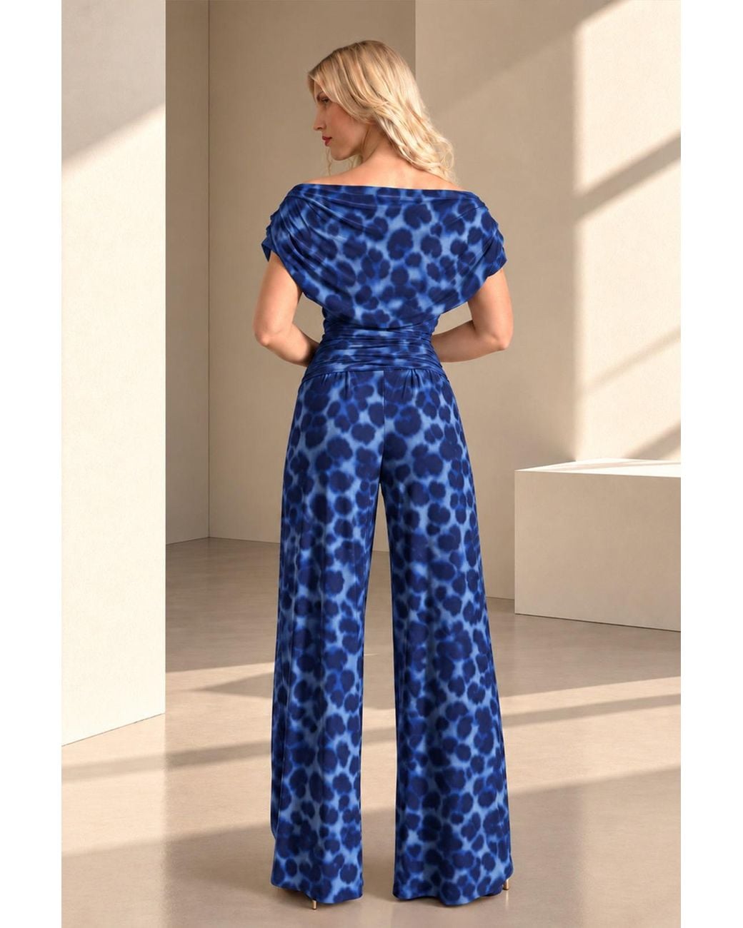 Atom Label Blue Carbon Bardot Wide Leg Jumpsuit