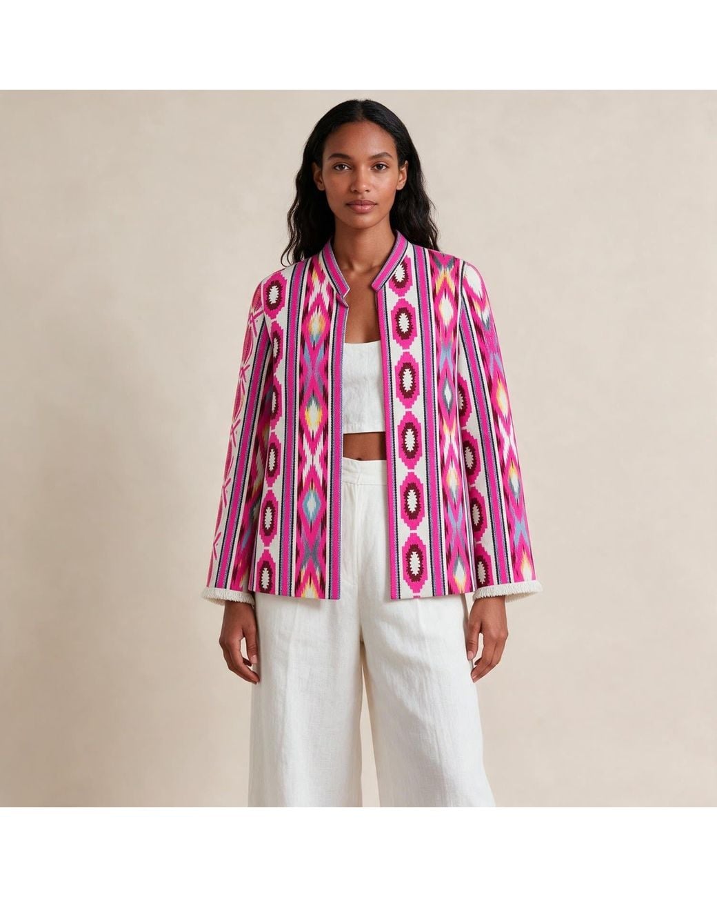 Kipépéo Pink Sorayya Jajim Fringe-Cuff Short Jacket