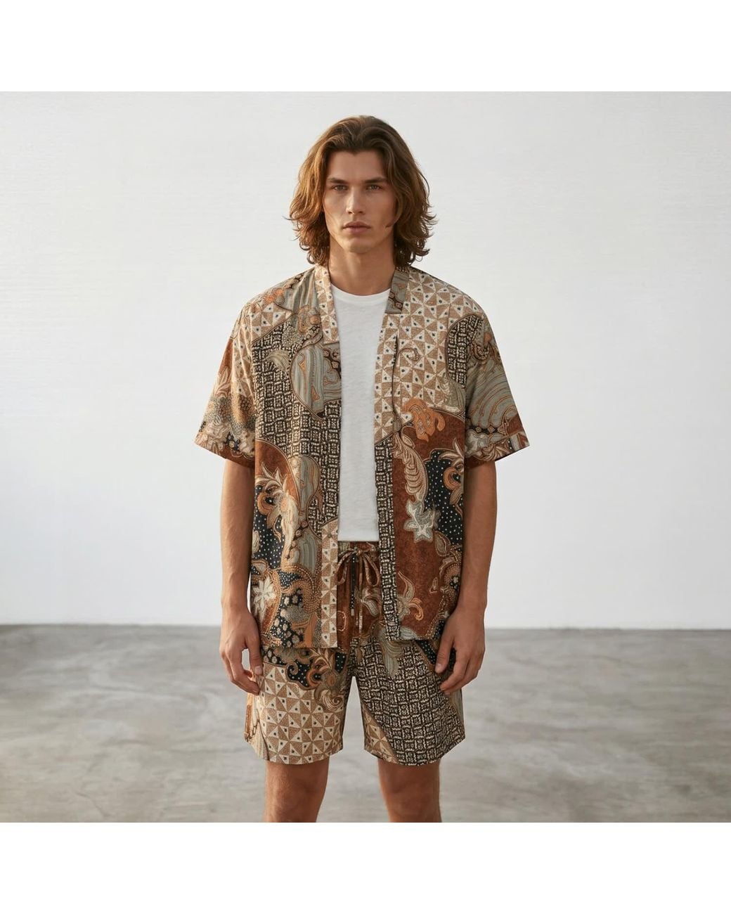 ORIGIN OF HEARTS Brown Neutrals Enari Relaxed Resort Satin Kimono Set for men