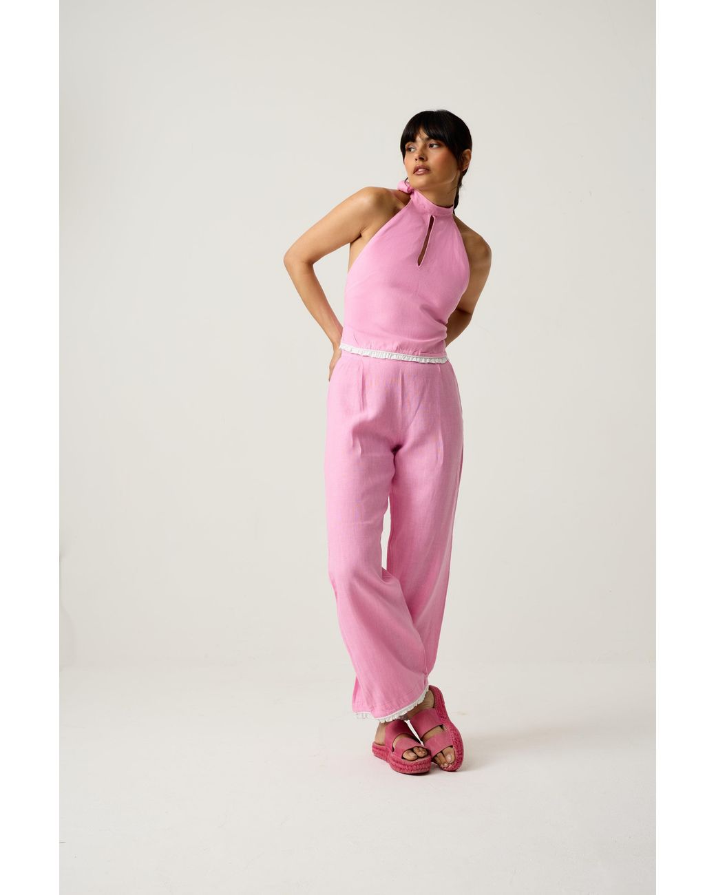 Imaura Pink Btw Linen Halter Top