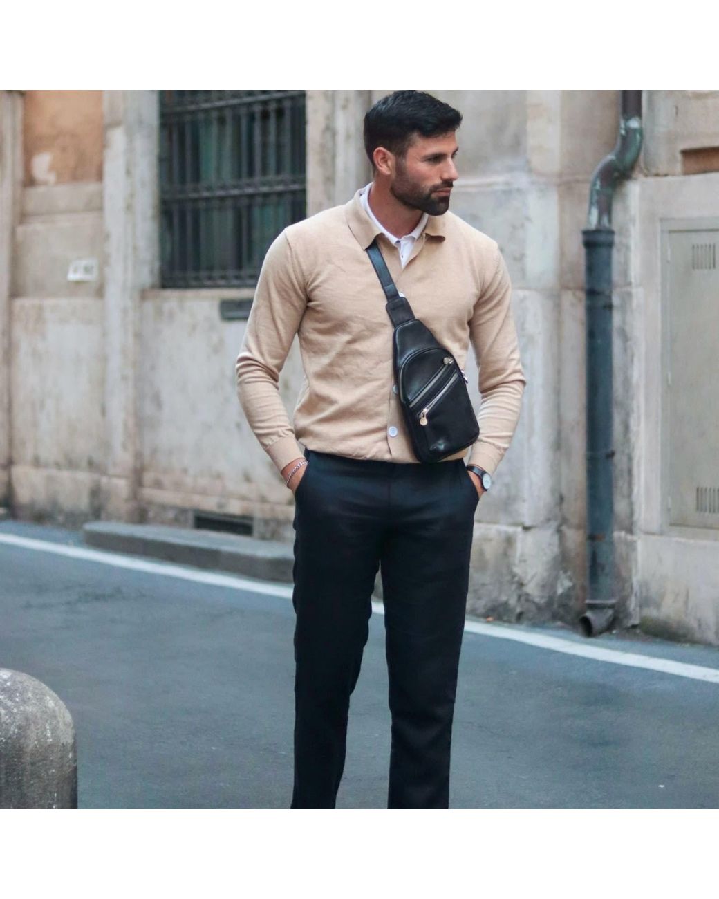 Time Resistance Black Leather Sling Bag for men