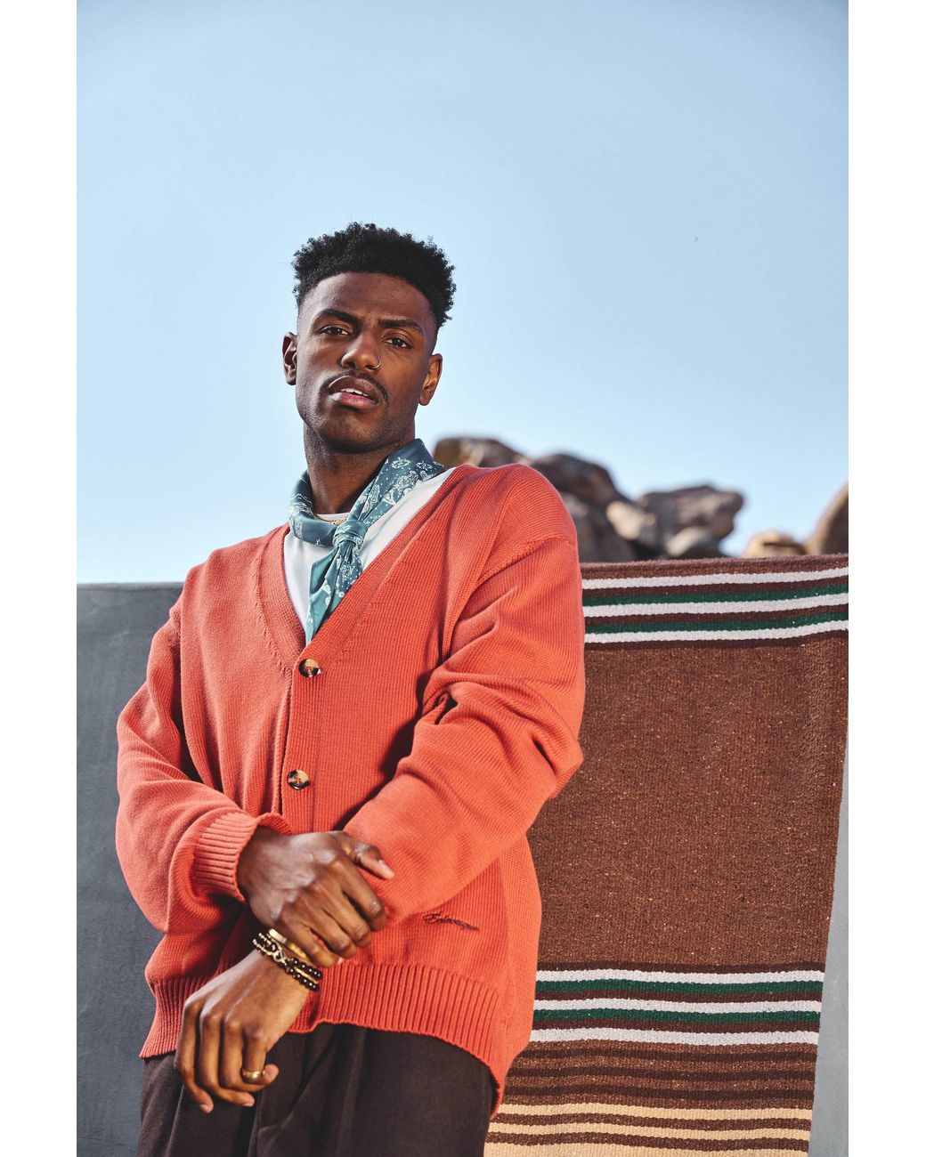 Éclectique Orange V Neck Cardigan for men