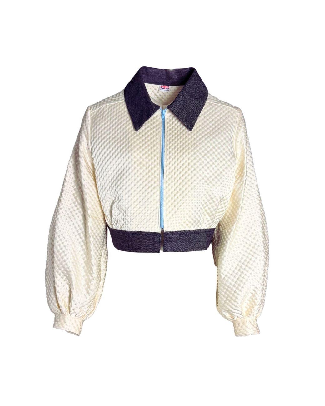Couture to Your Door Blue Neutrals Ivory Waffle Upcycled Bomber Jacket