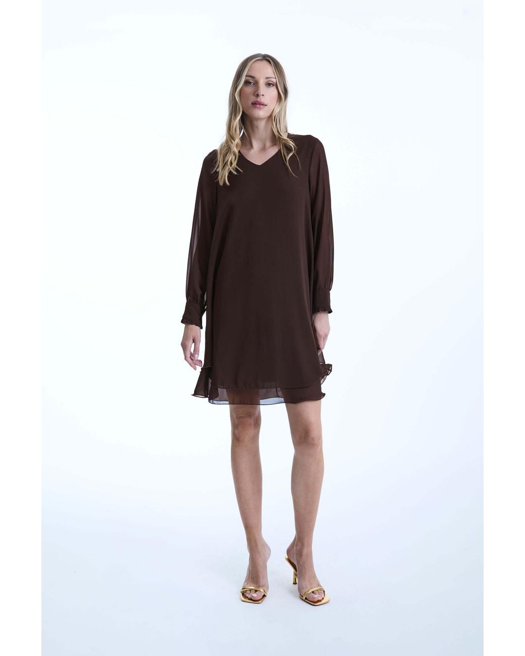 James Lakeland Brown Long Sleeve Wave Hem Dress