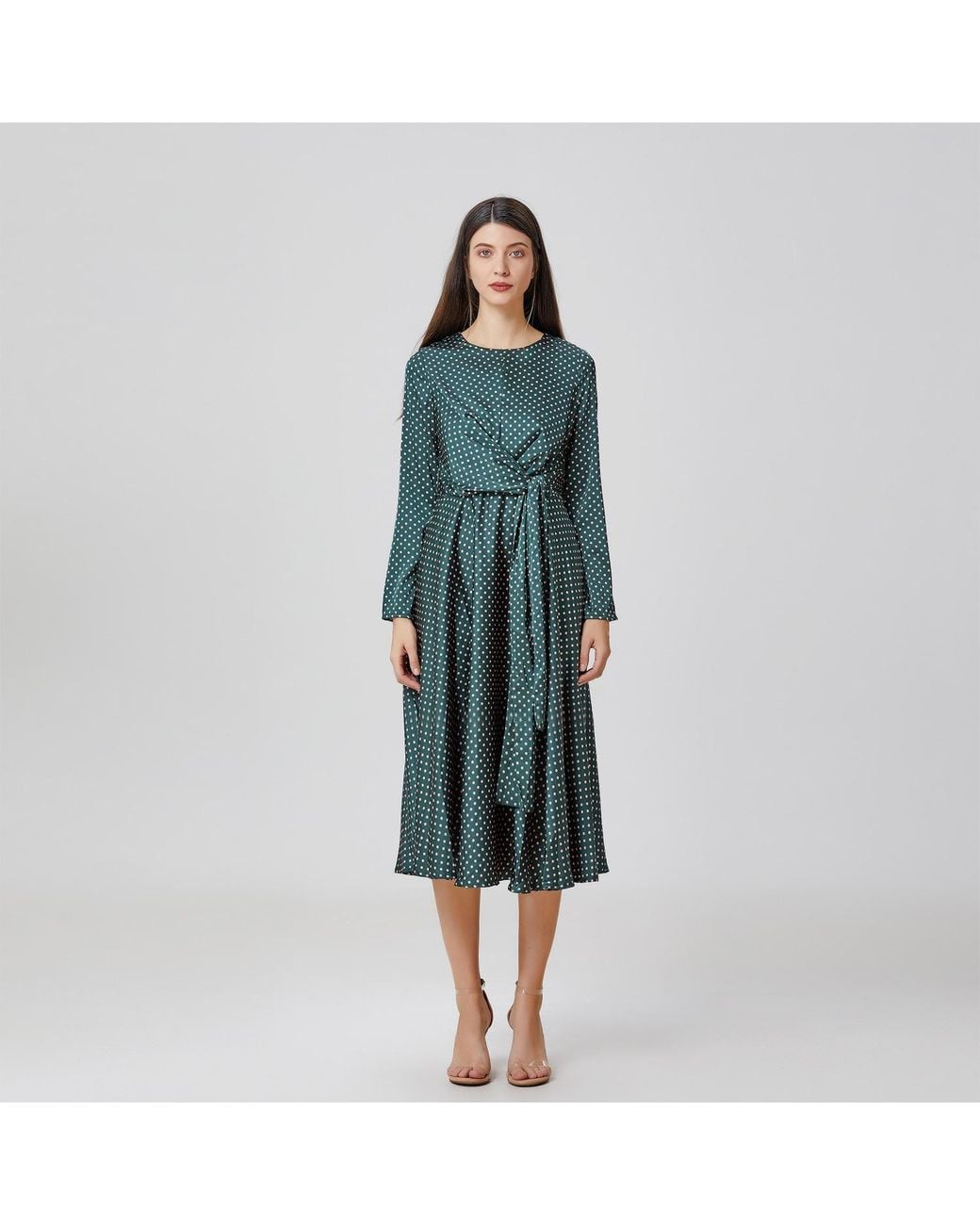 Smart and Joy Black Flared Printed Satin Dress With Side Knotted Panel
