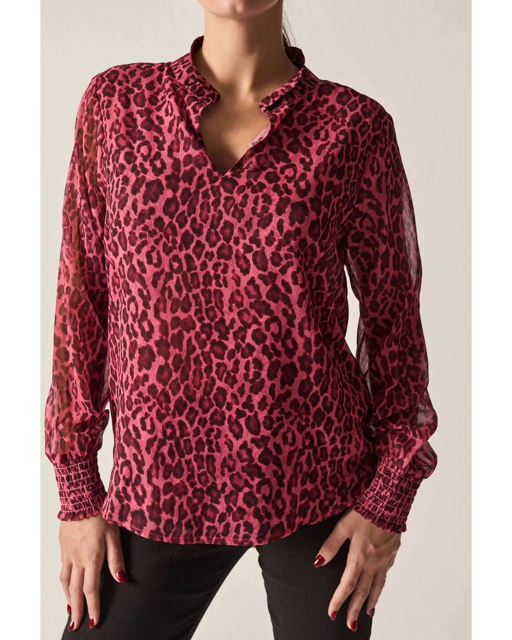 James Lakeland Red Raspberry Leopard-Print Sheer-Sleeve Blouse