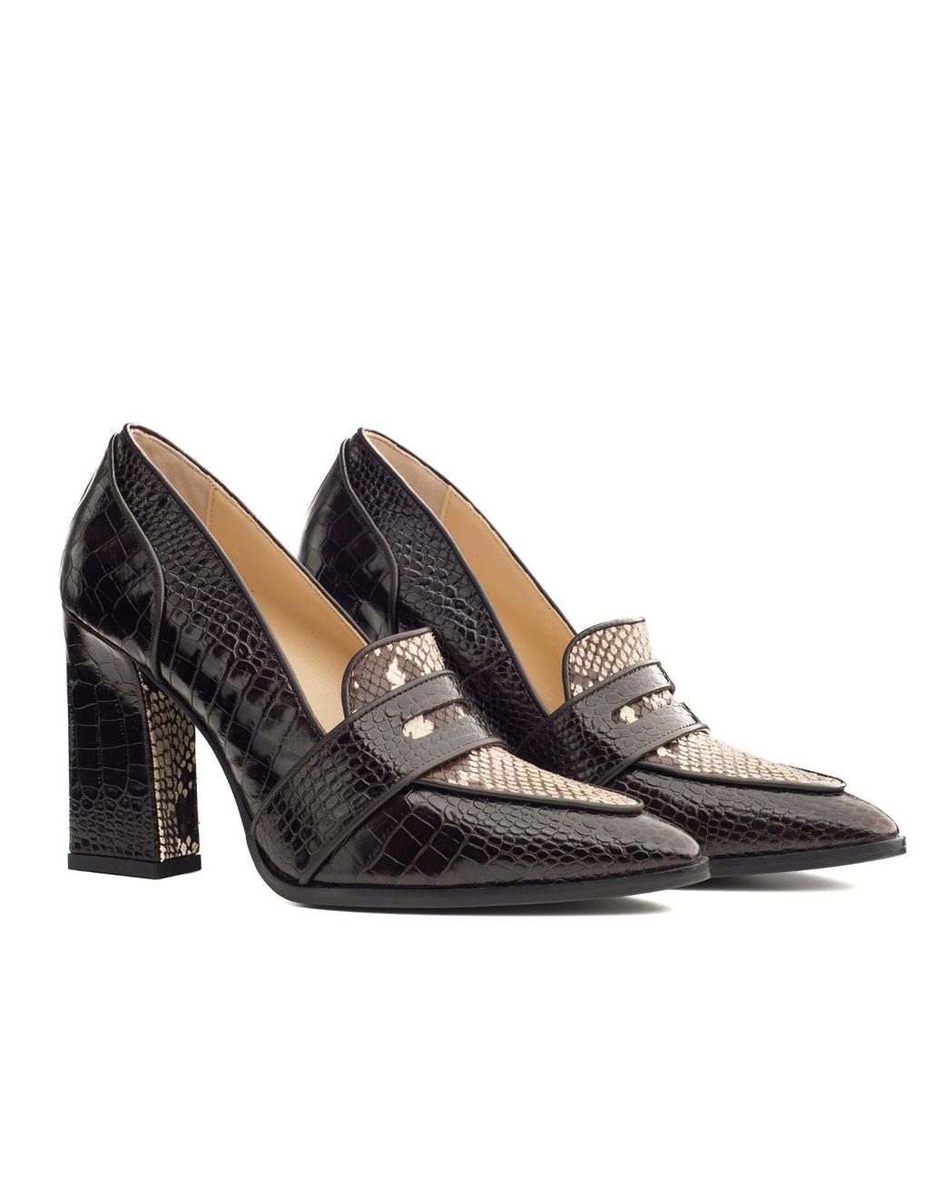 Rosamund Muir London Black Neutrals Annabel Crocodile Print & Snake Print Loafers