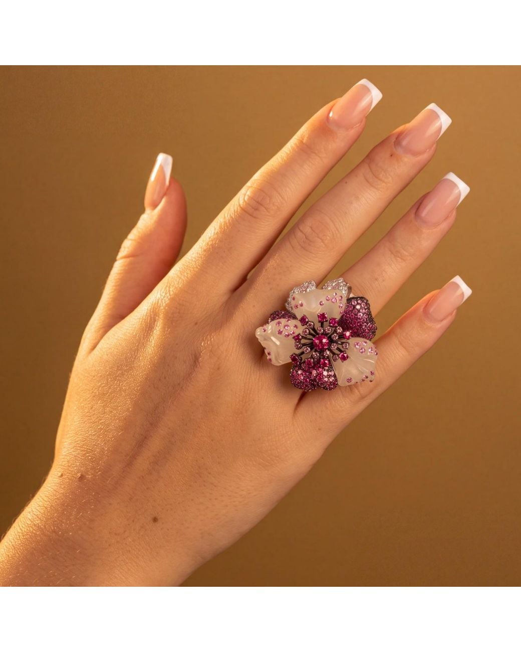 Latelita London Pink Jade Ruby Rose Flower Cocktail Ring