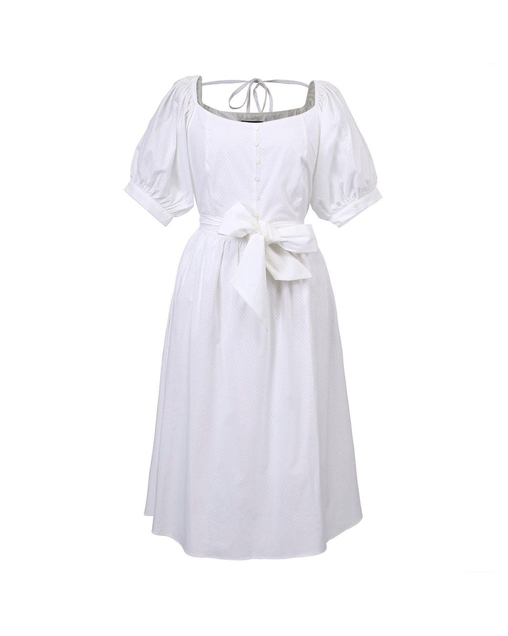 Smart and Joy White Puffy Sleeves Fit-And-Flare Blouse-Dress