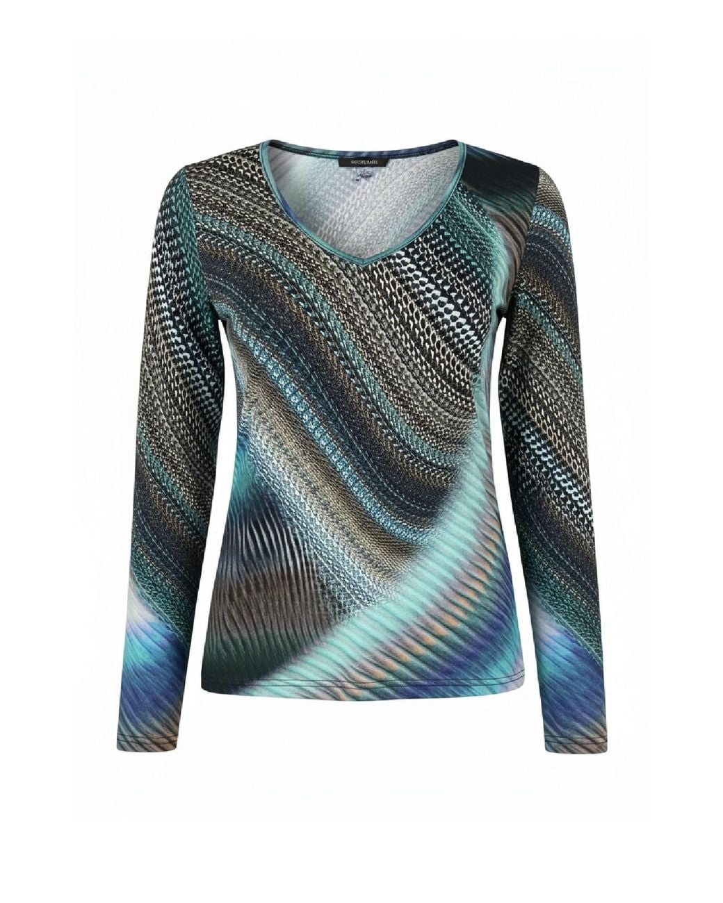 Conquista Green Abstract Print V-Neck Top – Elegant Long Sleeve Design