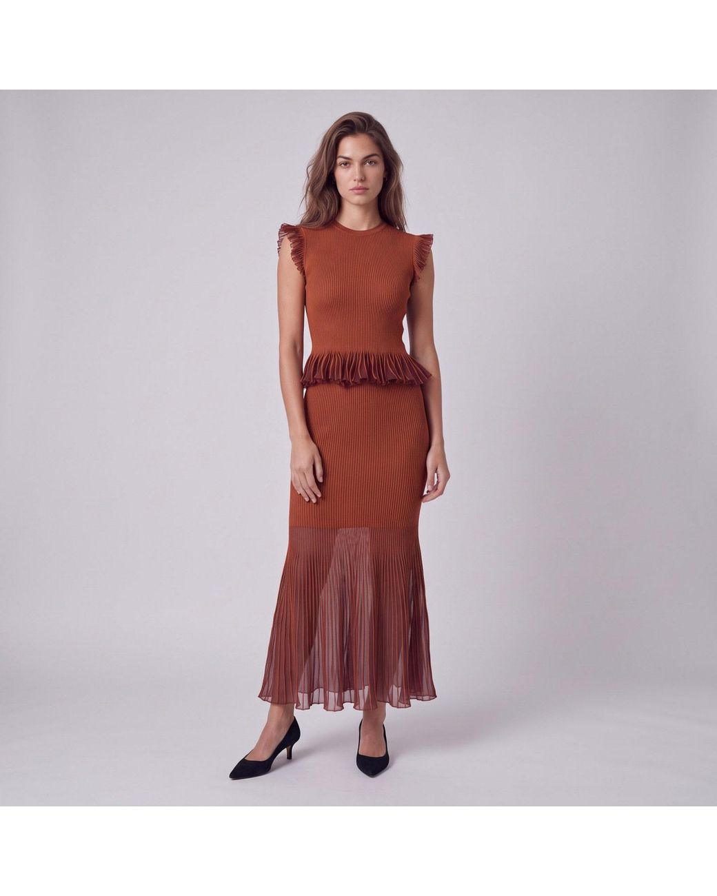 Modenaire Red Ribbed Peplum Top Sheer Hem Midi Skirt Set