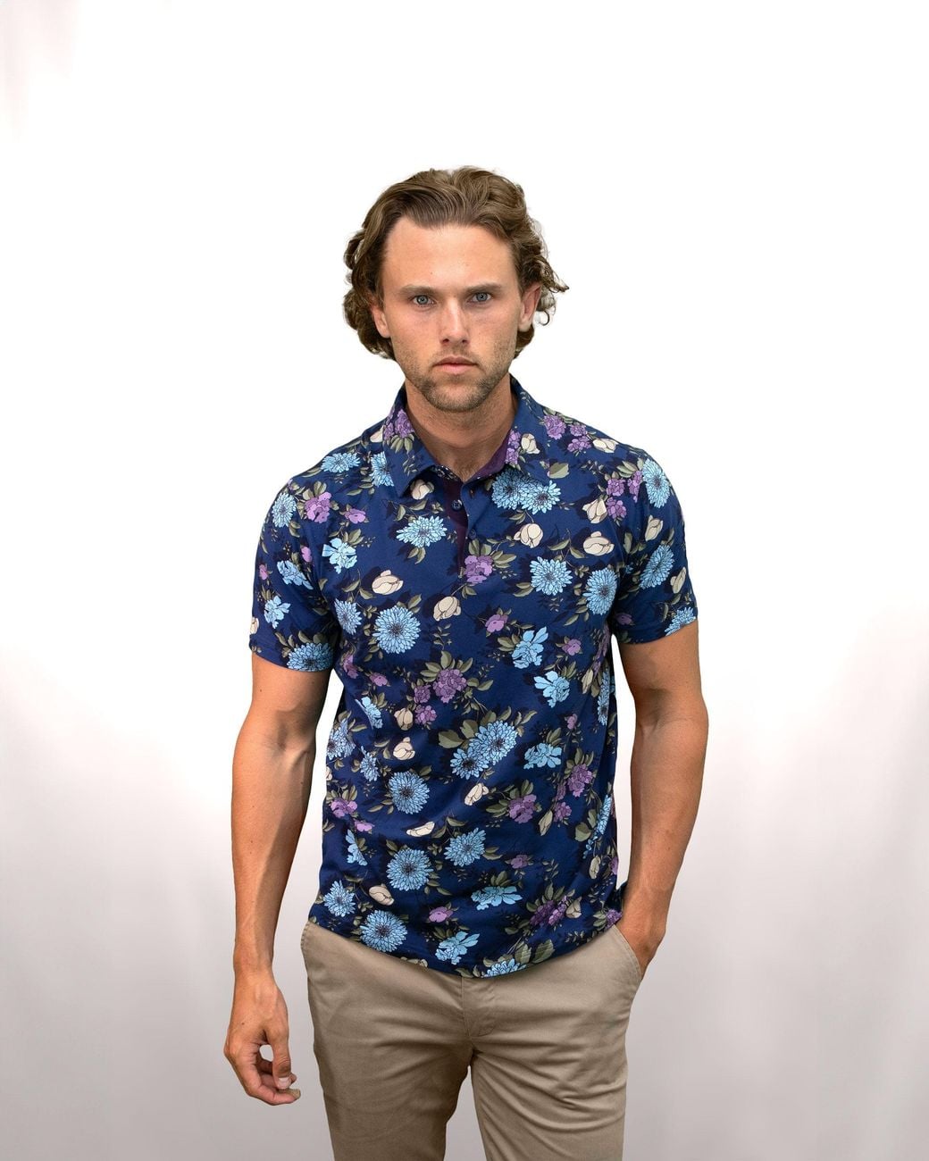 Lords of Harlech Blue Cotton Spandex Floral Polo Shirt for men