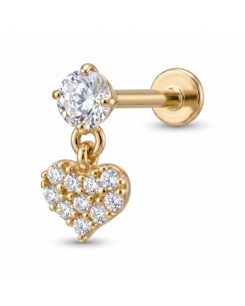 Zahav Jewelry Metallic 14K Solid 18G 8Mm Dangle Heart With Round Cz Internally Threaded Flat Back Stud