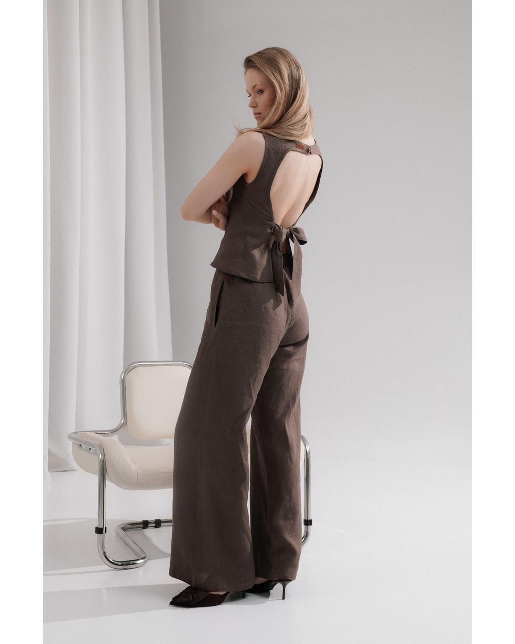 Idyllo Brown Linen Open Back Top With Tie