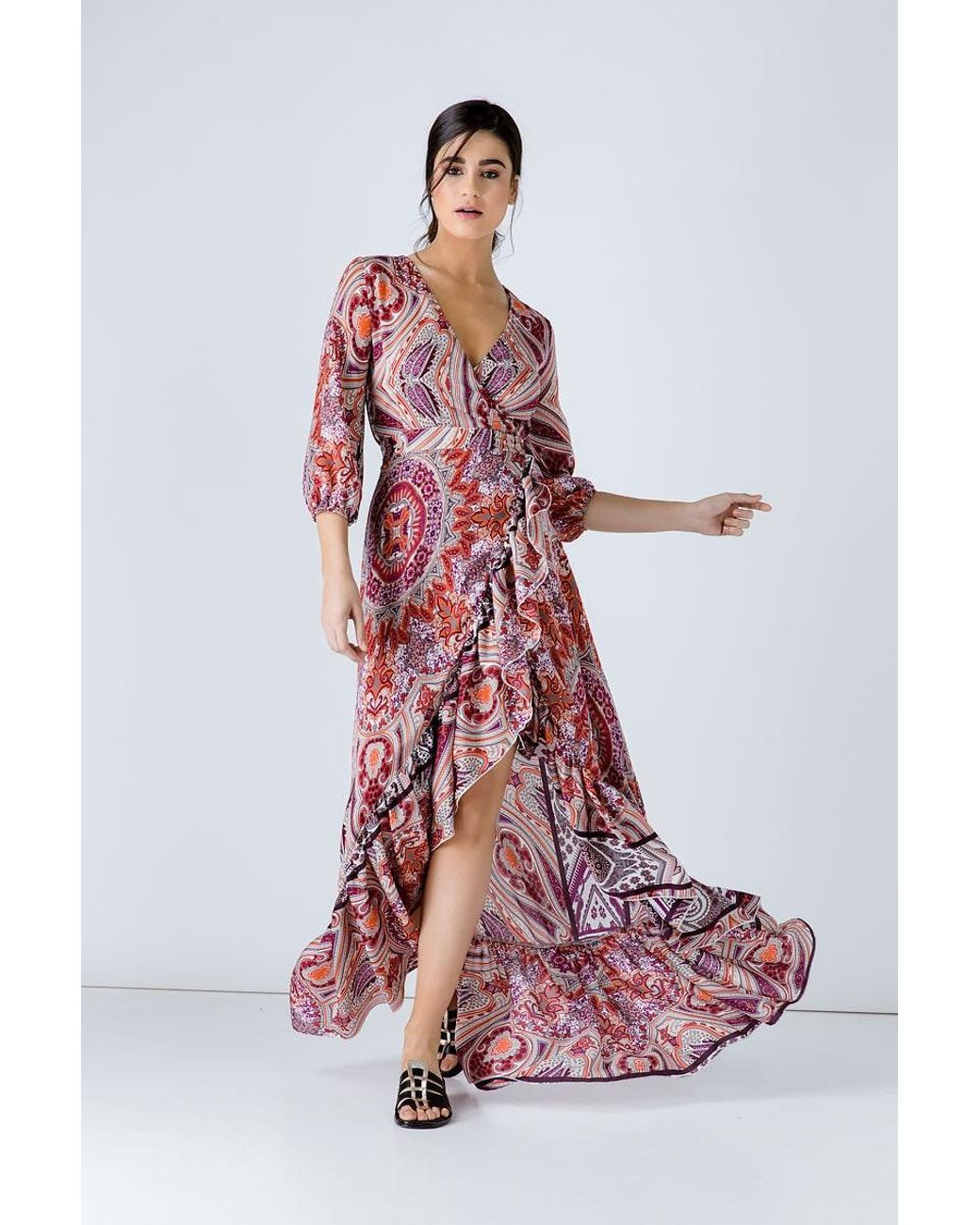 Conquista Red Print Maxi Wrap Dress