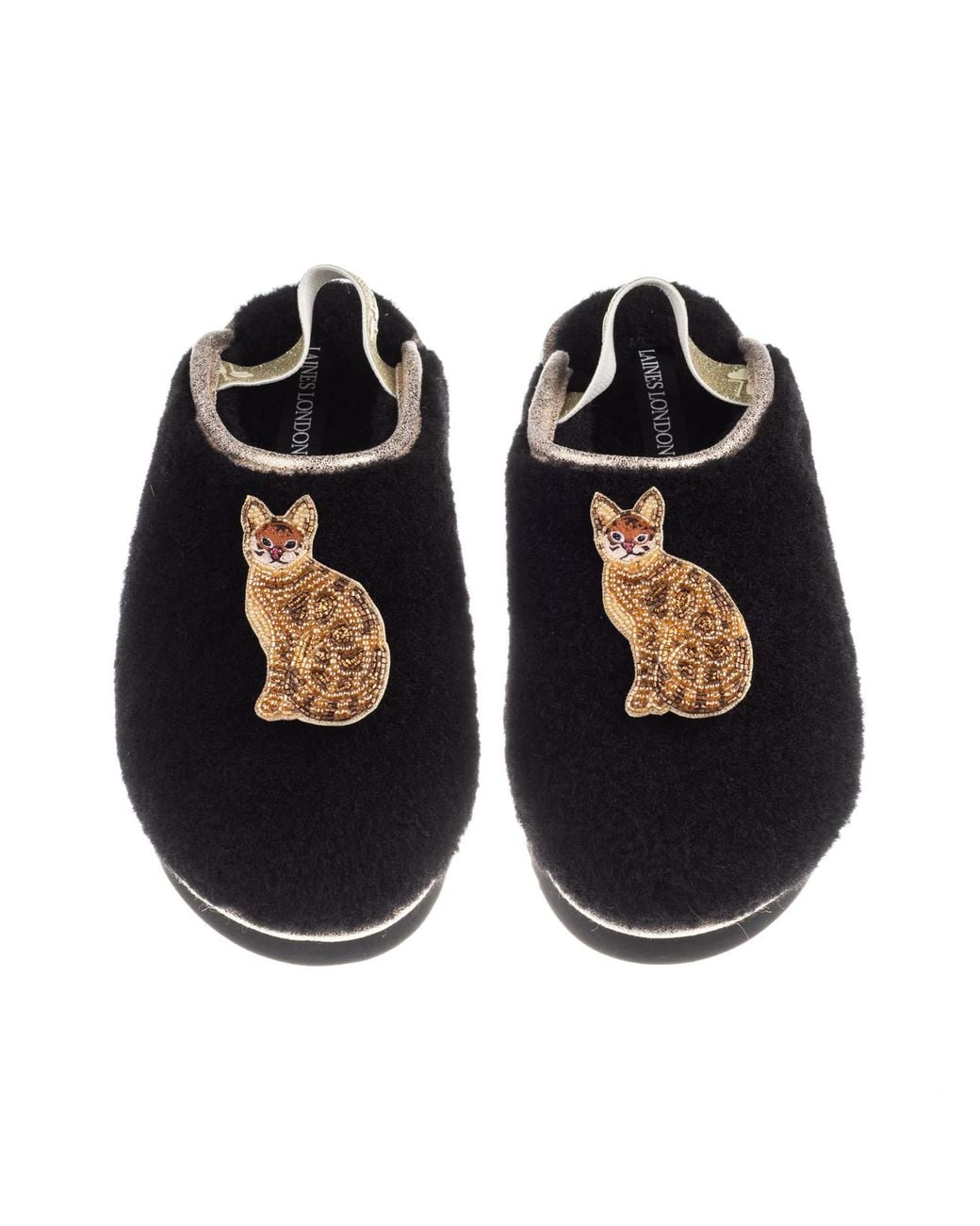 Laines London Black Flatform Cloud Slippers With Double Bengal Cat Brooches