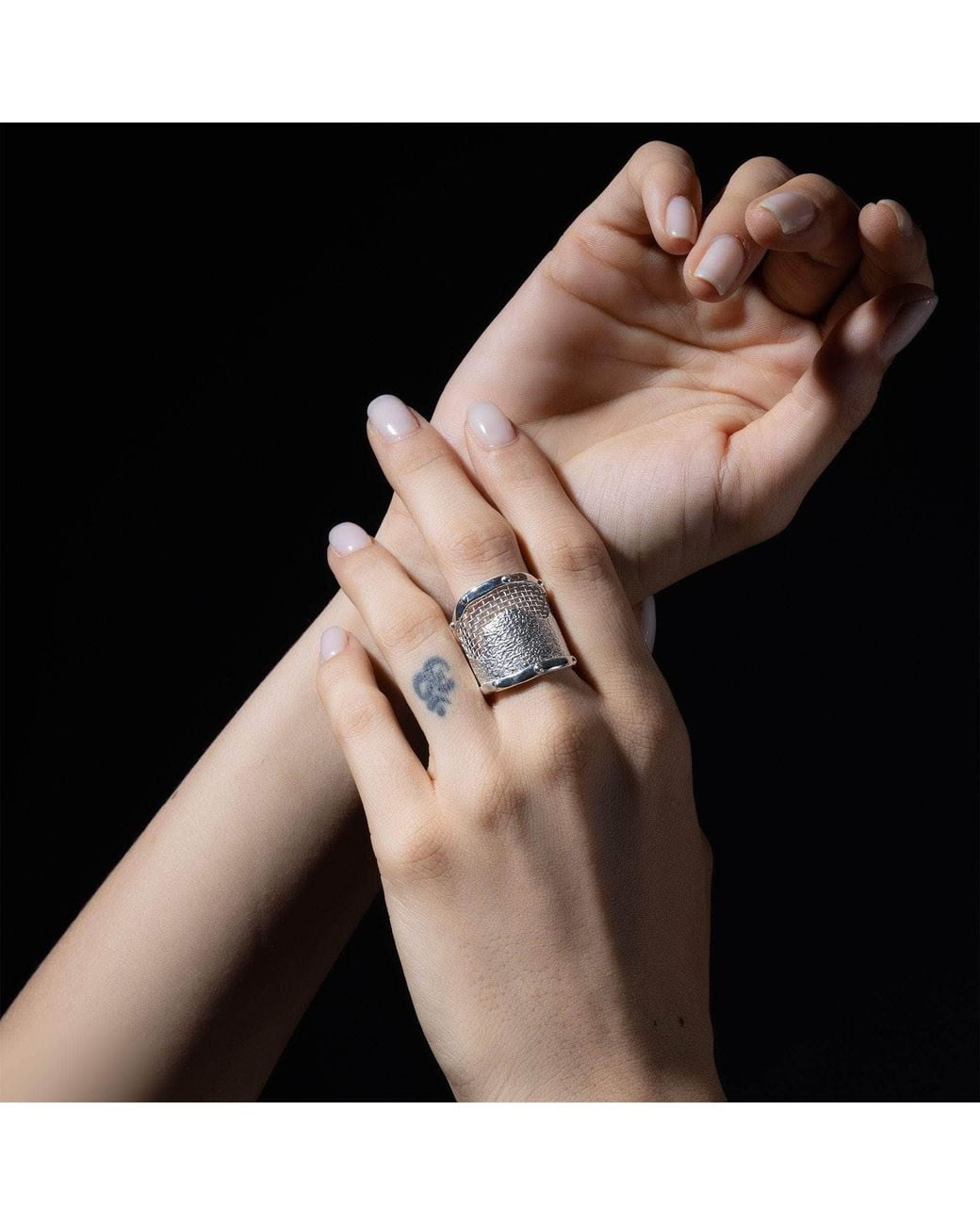 German Kabirski White Pallium Urban Open Band Siliver Ring With Titanium Mesh
