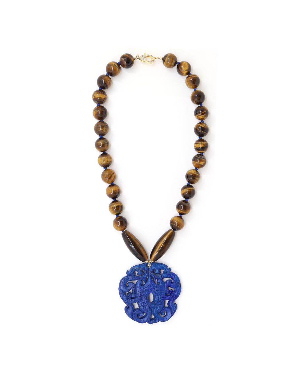 Shar Oke Blue Tiger's Eye & Jade Carved Pendant Statement Necklace