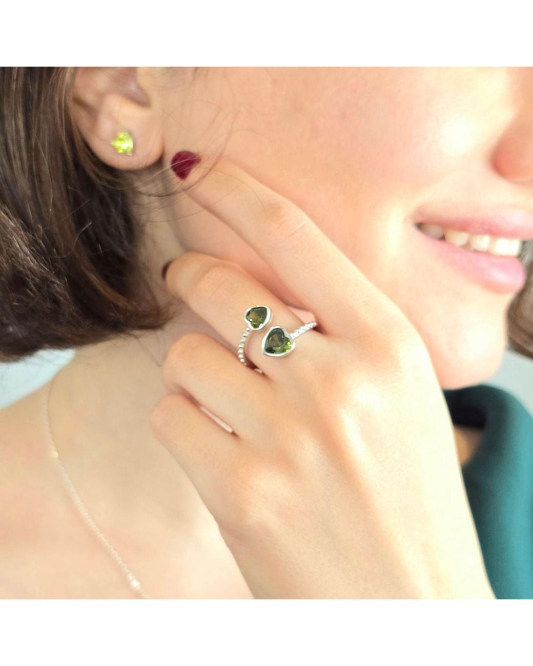 Sophelia Green Double Heart Peridot Heart August Birthstone Adjustable Ring